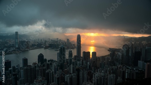 Sunset cityscape. Panorama of Hong Kong city and river landscape during dusk. China