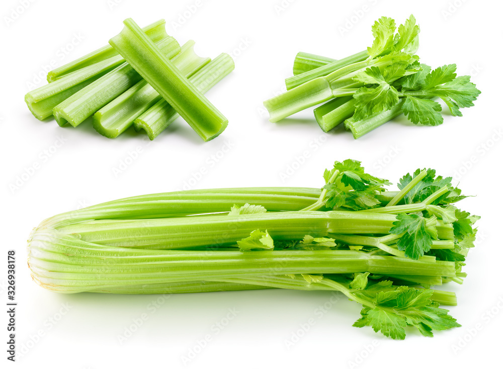 Celery stalk isolated. Celery sticks on white. Green celery with leaves. Set on white background. - obrazy, fototapety, plakaty 