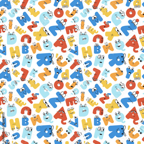 Colorful polish alphabet letters seamless pattern with cute hand drawn characters faces on white background. Stock vector illustration for print on textile, decorative paper,  gift wrap, book cover