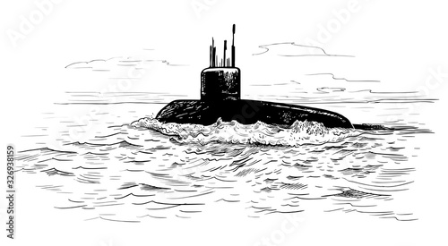 Seascape with a submarine. Hand-drawn vector sketch.
