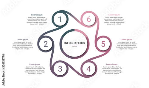 Timeline infographic template with 6 options on white background, vector illustration