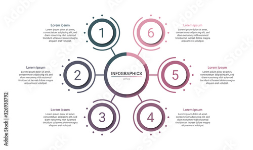 Timeline infographic template with 6 options on white background, vector illustration