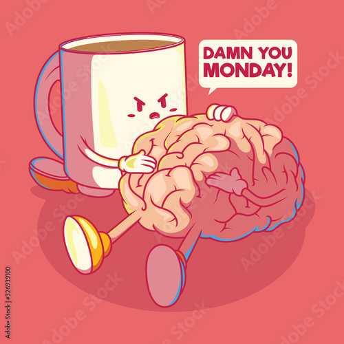 Coffee and brain vector character vector illustration. Motivation, inspiration, energy design concept