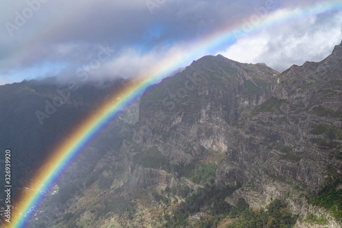Beautiful landscape in the high mountains of Madeira  Portugal with rainbow and view of the valley of nuns