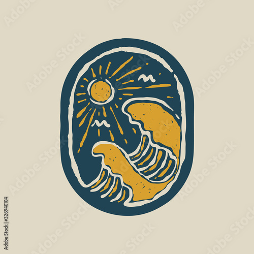 Summer wave beach badge patch pin graphic illustration vector art t-shirt design