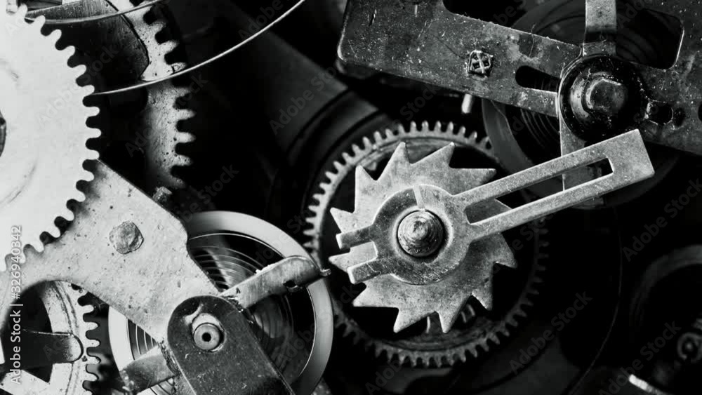 Old vintage watch mechanism working macro black and white 4K