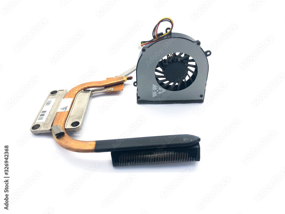 Fan and cooling system for laptop isolated on a white background. Fan for cooling system. Copper tubes of the cooling system. Fan and cooling system for laptop isolated on a white background. Fan for cooling system. Copper tubes of the cooling system.