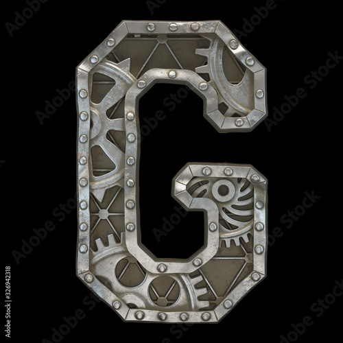 Mechanical alphabet made from rivet metal with gears on black background. Letter G. 3D