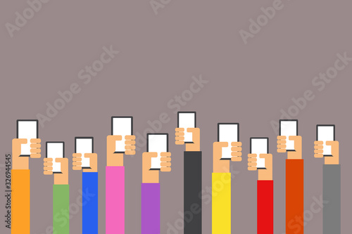 Group of people's hands holding phones and rising them up with Multicolor shirt