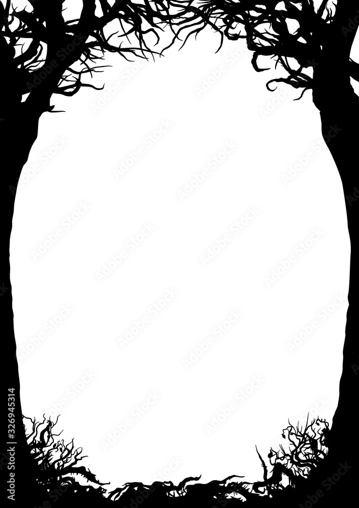Trees silhouettes frame/ Illustration vertical frame with trees, shrubs, snags