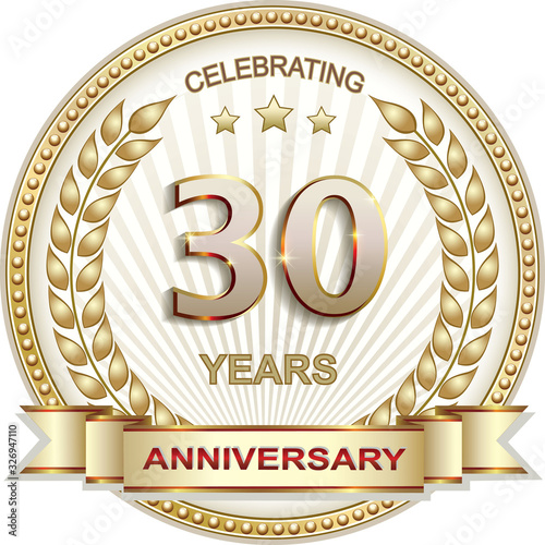 30 years anniversary vector golden design background for celebration, congratulation and birthday card, logo