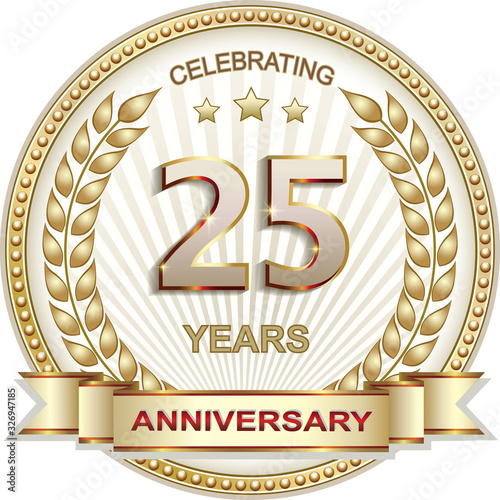 25 years anniversary vector golden design background for celebration, congratulation and birthday card, logo