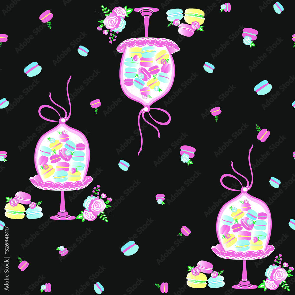 Cakes seamless pattern. Macaroons. Fine tasty sweets treats. Vector template for printing on textiles, paper, packaging, wallpaper.