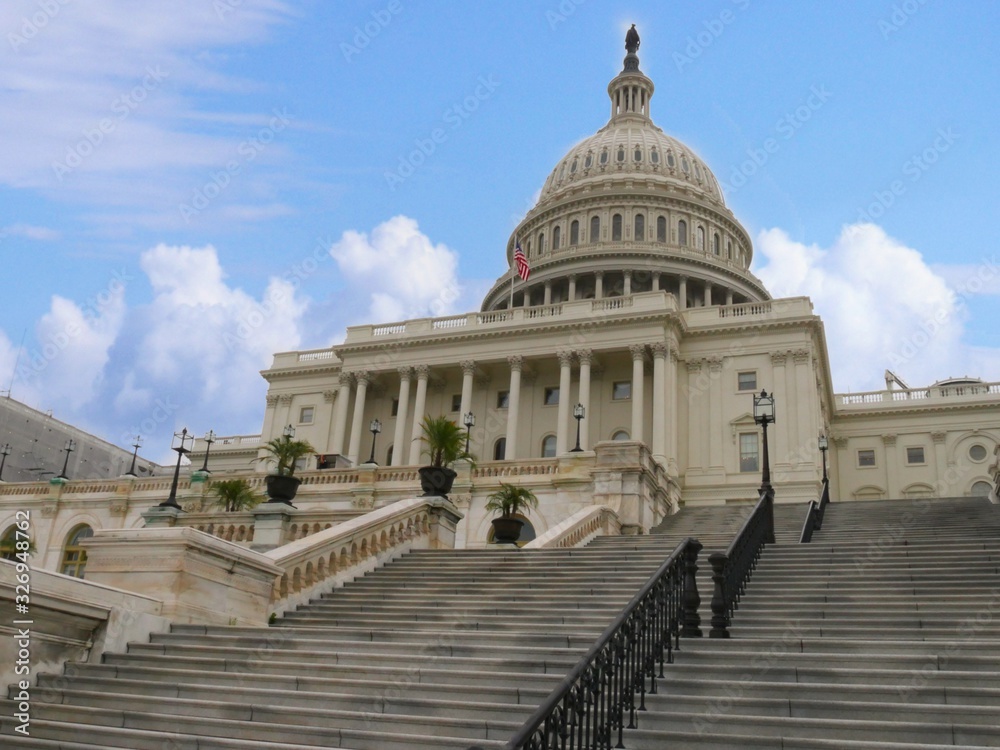 Wide view of the front of the United States Capitol Building in Washington, D.C., the seat of the legislative branch of the U.S. federal government.