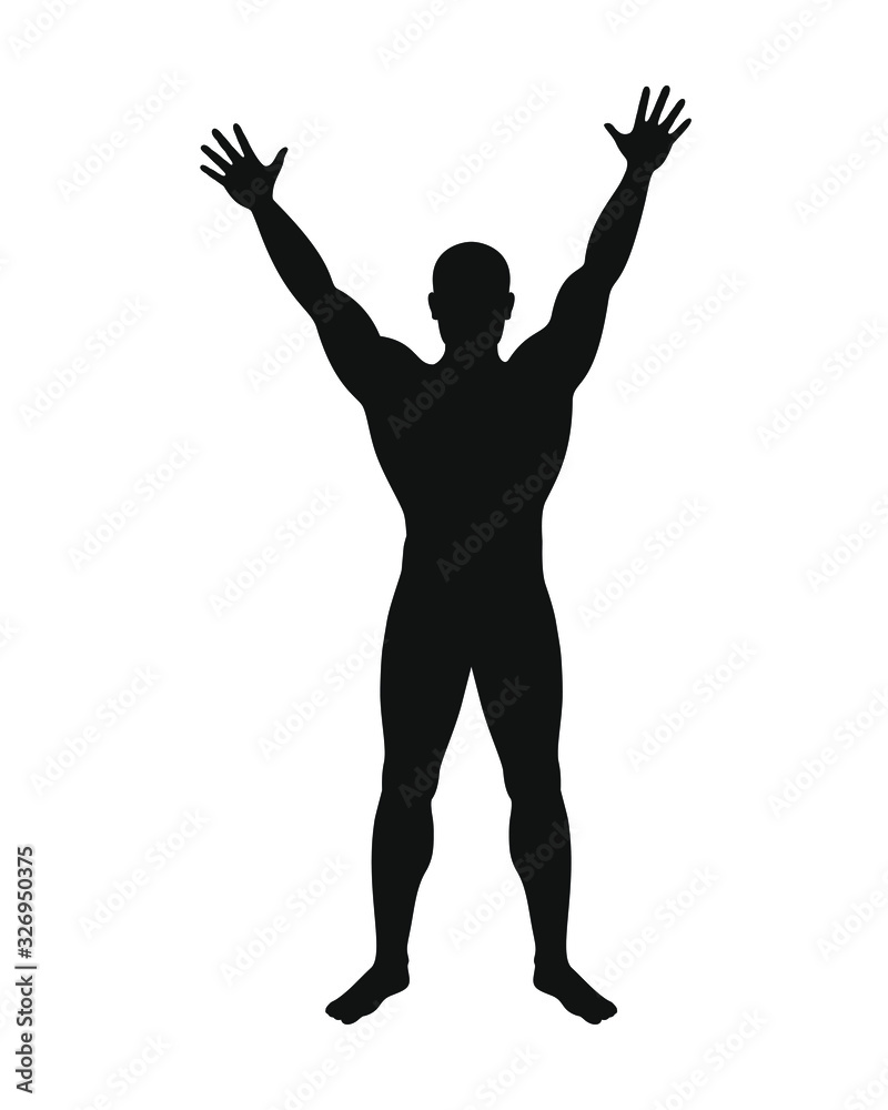 Man graphic icon. Male figure with hands up sign isolated on white background. Vector illustration