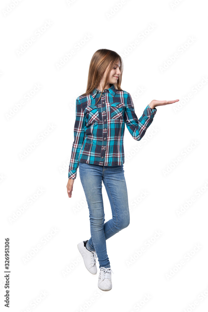 Teen girl with two opened hand palms with blank copy spaces Teen girl with two opened hand palms with blank copy spaces