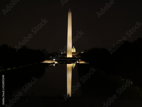 The Washington Monument with the U.S. Congress building at night reflected in the waters of a pool.