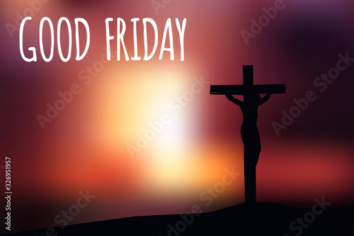 True Easter scene: cross on dramatic sunset scene, with text "Good friday". Horizontal oriented, vector illustration, transparency and gradient meshes.