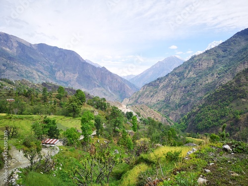 A beautiful landscape from  Manang Valey  Himalaya. The raw green of the spring and the expression of the spring wind