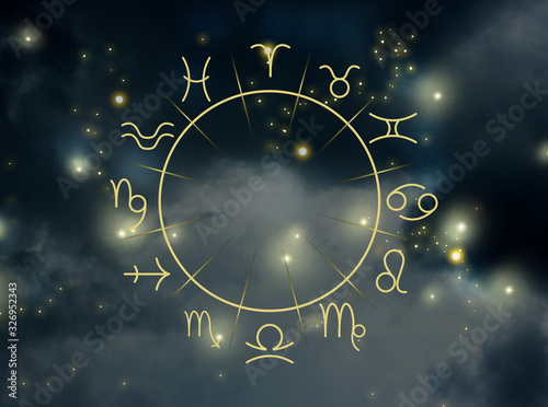 Illustration of night sky with stars and zodiac wheel photo