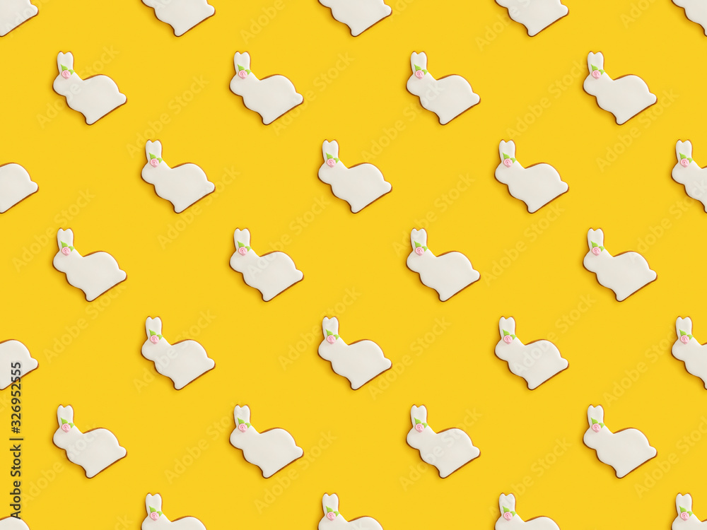 Naklejka premium Flat lay with delicious easter cookies isolated on yellow, seamless pattern