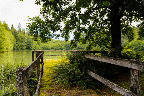Viewing wooden platform over beautiful green lake