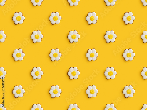 Top view of delicious easter cookies isolated on yellow background, seamless pattern