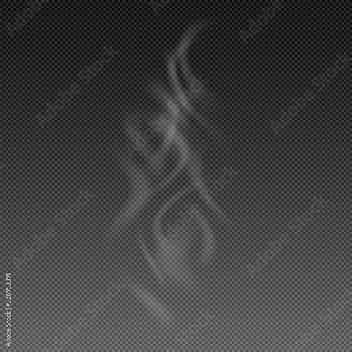 Realistic Vector Smoke Isolated on Dark Background. Transparent Steam Waves for Hot Food and Drink. Fog or Mist Effect.