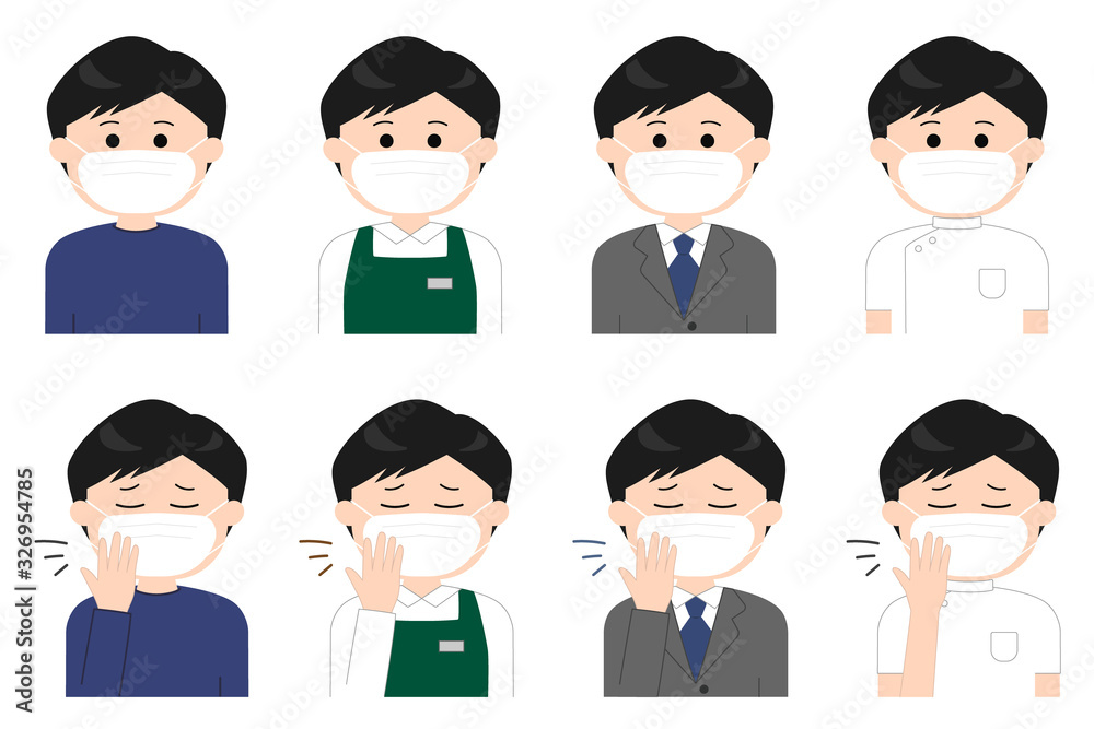 Icon set of young men wearing masks to prevent disease. Vector illustration isolated on white background. Icon set of young men wearing masks to prevent disease. Vector illustration isolated on white background.