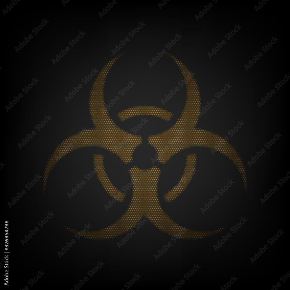 Danger chemicals sign. Icon as grid of small orange light bulb in darkness. Illustration. Danger chemicals sign. Icon as grid of small orange light bulb in darkness. Illustration.