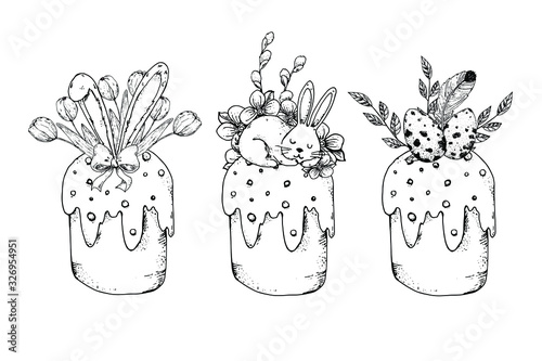 Easter cakes contour Isolated on a white background. Black and white doodle illustration with easter elements. Pictures for coloring. Hand drawn Easter decoration, rabbit, tulips, easter eggs. 
