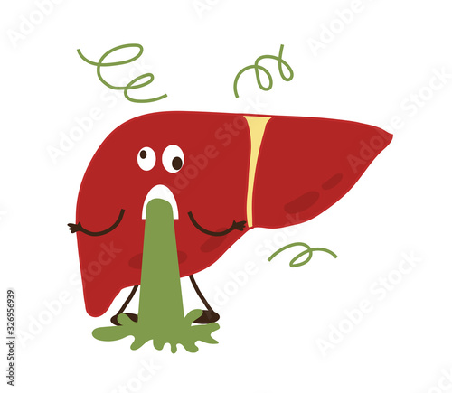 Liver and vomiting on a white background. Cartoon. Vector illustration.