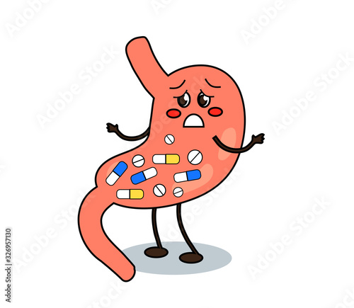 Sick stomach and pills on a white background. Problem. Vector illustration.