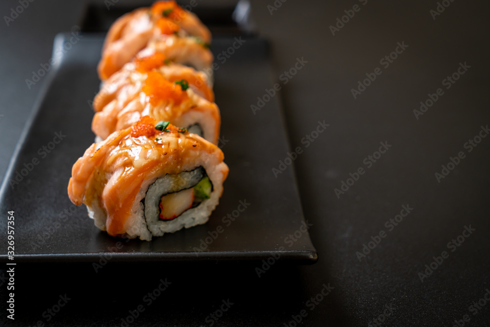 grilled salmon sushi roll with sauce grilled salmon sushi roll with sauce
