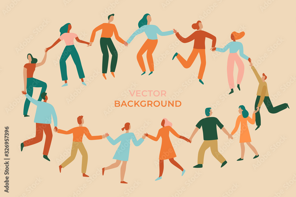 Vector illustration in flat simple style - happy jumping team - men and women dancing - victory, teamwork and cooperation concept - happy and joyful people