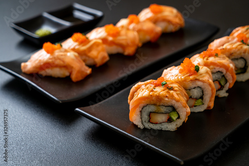 grilled salmon sushi roll with sauce