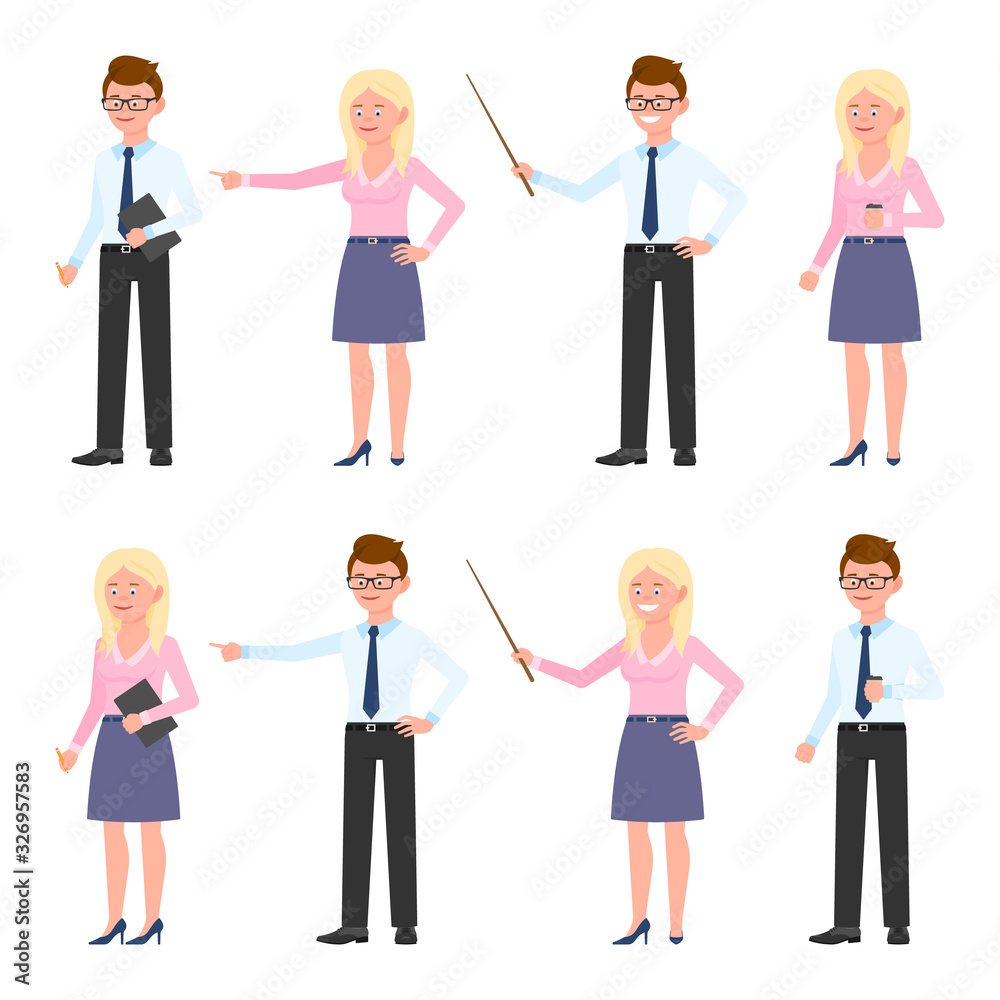 Funny office worker guy and lady vector illustration. Pointing finger, holding wooden wand, standing with coffee, writing notes eyeglasses man and blonde woman cartoon character set on white Funny office worker guy and lady vector illustration. Pointing finger, holding wooden wand, standing with coffee, writing notes eyeglasses man and blonde woman cartoon character set on white