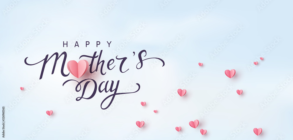 Mom greeting card. Vector pink love symbols in shape of heart and Happy Mother's Day calligraphy on blue sky background. . - obrazy, fototapety, plakaty 
