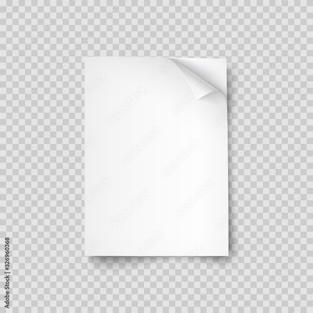 White blank sheet of paper A4 format isolated on transparent background. Page with curled corner. Vector illustration.. White blank sheet of paper A4 format isolated on transparent background. Page with curled corner. Vector illustration..