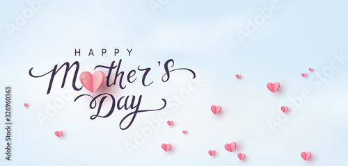 Mom greeting card. Vector pink love symbols in shape of heart and Happy Mother's Day calligraphy on blue sky background. .
