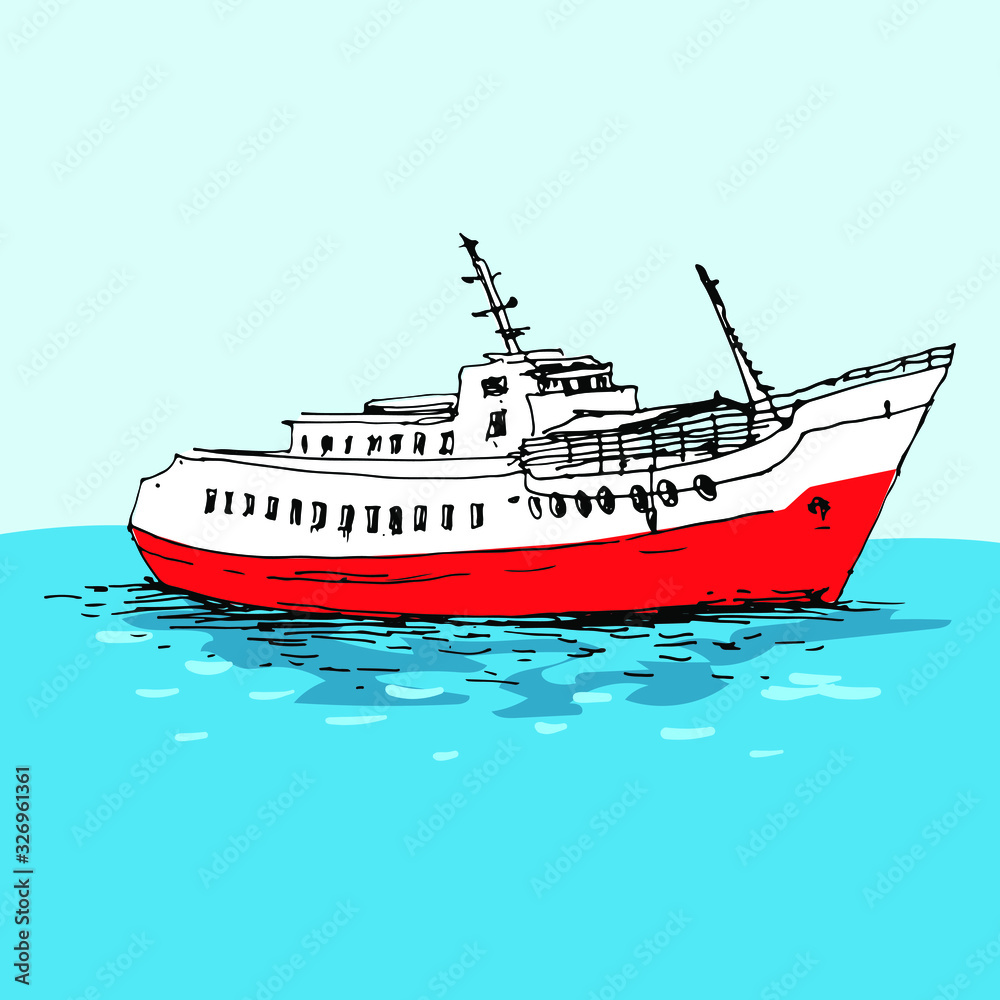 Fototapeta premium hip, boat in the sea. Hand drawn colorful sketch. Stock vector illustration