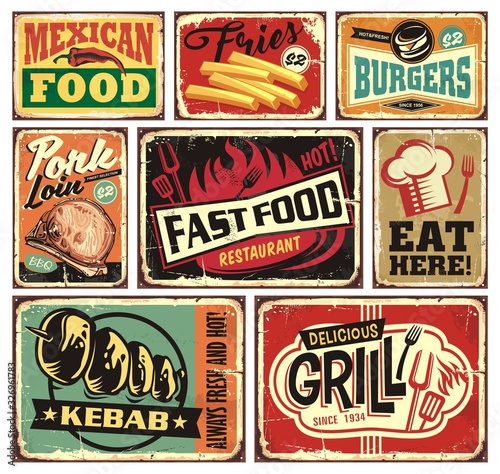 Collection of retro food restaurant signs and posters. Mexican food, burgers, French fries, kebab, fast food, grill, pork loins and eat here vintage vector billboards set.