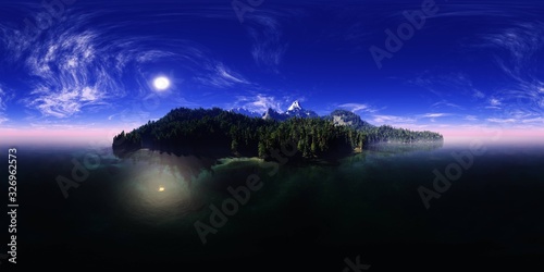 island with mountains and a forest, HDRI, environment map , Round panorama, spherical panorama, equidistant projection, panorama 360, seascape