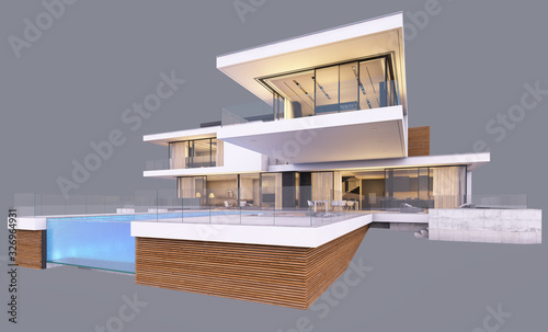 3d rendering of modern cozy house by the river with garage and pool for sale or rent in evening with cozy light from window. Isolated on gray © korisbo