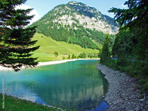 Artifical lake Gänglesee (Ganglesee or Gaenglesee) on the Valünerbach (Valunerbach or Valuenerbach) stream and in the Saminatal alpine valley - Steg, Liechtenstein photo