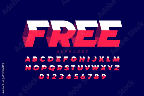 Three dimensional style font design, alphabet letters and numbers