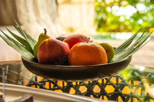 Exotic fruit bowl at beach hotel