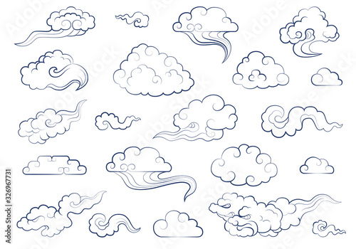 Clouds in traditional Chinese style. Big set of weather elements clouds, fog, cloudlet, wind