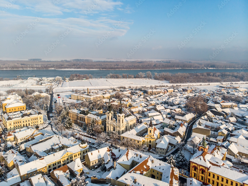 aerial view of sremski karlovci at snow
