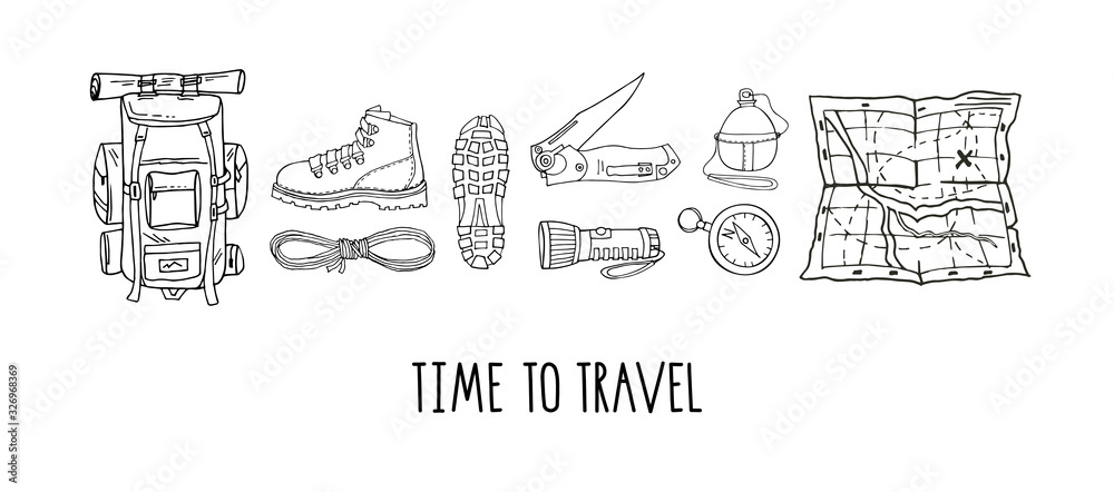 Fototapeta premium Vector set of hand drawn elements isolated on white. Hiking gear for camping trips, adventurous backpacking. Backpack, boots, map, flashlight, reusable bottle. Lettering. Time to travel